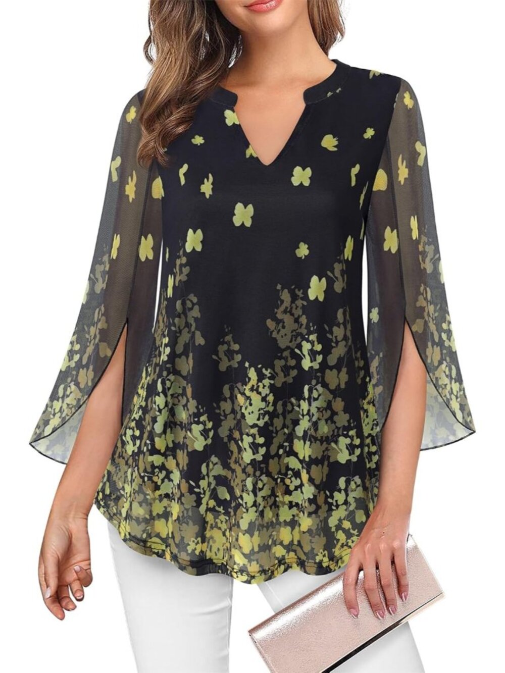 VALOLIA Women's Tops Yellow 3/4 Sleeve Floral V Neck Double Layers Mesh Blouses